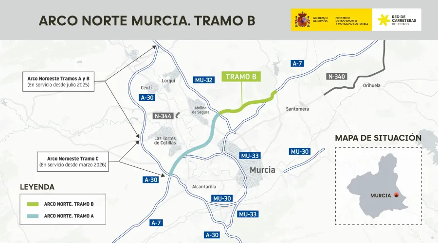 Mapa oficial del Ministerio de Transportes con el trazado del tramo B del Arco Norte de Murcia, entre Molina de Segura/Las Torres de Cotillas y el enlace de Cabezo de Torres con la A-7